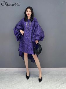 Casual Dresses 2024 Spring Fashion Jacquard Puff Sleeve Ladies Dress For Women Large Size Loose Temperament Irregular Hem