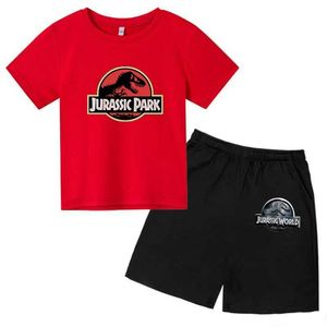 Kläder set Jurassic Park dinosaurie mönster t-shirt sommar barn tecknad tryck mode trendig stil kortärmad t-shirt topp+shortsl2403