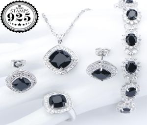 Silver 925 Costume Wedding Set di gioielli con zircone nero per donne Braccialetti Orecchini anelli a ciondolo Set di gioielli Giochi regalo 8374952
