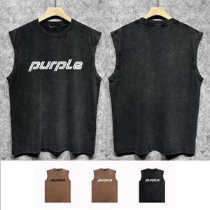 New designer style women's clothing Purple vest ZJBPUR060 art simple font do old printed vest shoulder R96W90 men and women loose casual retro high street sleeveless