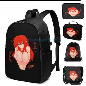 Mochila Funny Graphic Print Rias Gremory Sexy Waifu V3 - Highschool DXD USB Charge Men Bags Escola Laptop de Bagar para Mulheres Laptop