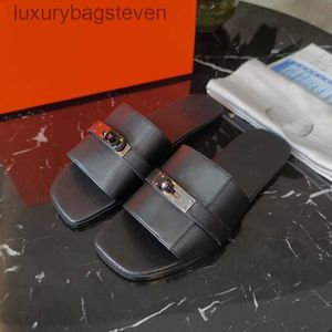 Fashion Original h Designer Slippers Summer Official High Version Genuine Leather h Kelly Lock Buckle with Flat Bottom Slippers Sandals with 1:1 Brand Logo