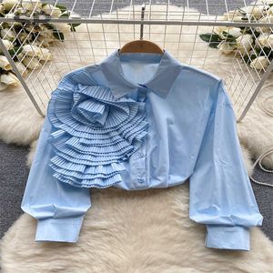 Women's Blouses Shirts SingREINY Ruffled French Autumn Womens Solid Long sleeved Loose Elegant Fashion 2023 Womens Flower Ultra Thin Casual ShirtL2405