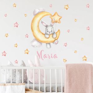 Klistermärken Cartoon Bear Moon Stars Clouds Custom Baby Name Akvarell Nursery Wall Stickers Vinyl Wall Decals Mural Kids Room Home Decor