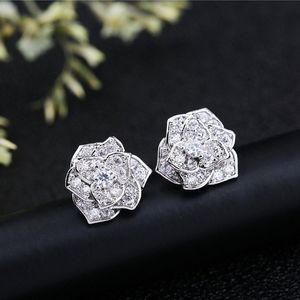 Elegant Flower Lab Diamond Stud Earring Real 925 Sterling Silver Jewelry 24K Gold Party Wedding Earrings For Women Bridal 231b