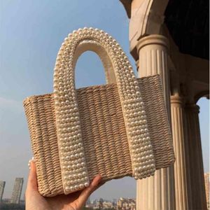 Mode pärlor hanterar kvinnor handväskor designer pärlstav halspåsar lyxiga pärlrattan totes wicker vävd stor sommar strandväska c0326 249a