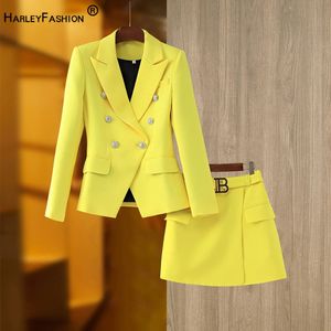 High Street Bahar Yaz Şık Tasarım Taze Sarı Blazer Etek Takım Blet Beautiful Women Giyim 240426