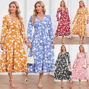 Basic Casual Dresses Dopamine V-neck printed dress with large hem and waist cinched women's dress in large size Plus Size Dress