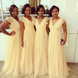 Dresses V Yellow Bridesmaid 2021 Neck Floor Length Tulle Ruched Short Cap Sleeves Custom Made Plus Size Maid Of Honor Gowns
