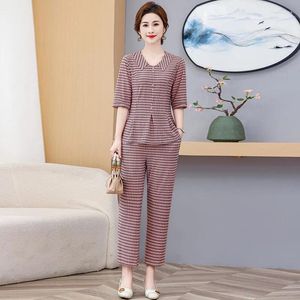 Women's Two Piece Pants Summer Lapel Collar Plaid Top Straight Leg Elegant Pullover Suit Women 2 Pcs/set