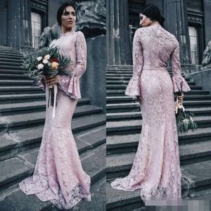 2020 Pink Scalloped Dresses Black Lace Bridesmaid High Neck Long Juliet Sleeves Mermaid Maid Of Honor Wedding Guest Formal Evening Gown