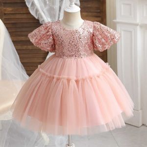 Flickas klänningar 1-5t eleganta söta flickor tyllklänning puffhylsa småbarn flickor prinsessan paljett klänningar baby fluffig kvällsfest klänning vestidos