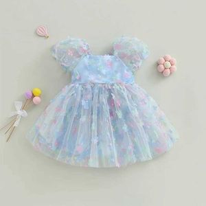 Sukienki dla dziewczynki dziewczyny puff rękawy Tiulowa sukienka 3D Flower/Butterfly Mesh urodzinowa sukienka urodzinowa Dziewczyna Girl Casual Clothing Dressesl2405