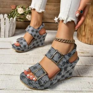 Sandals Flower Print Women's Slope Heel Brand Design Slim High Heels Plus Size Party Shoes