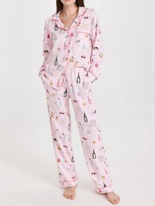 Bahar Moda Loungewear Set Y2K Karikatür Baskı Uzun Kollu Yakel Düğmesi Aşağı Elastik Bel Pantolonlu Kadın 2 PCS Sweetwear 240426