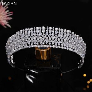 Opaski na głowę Tazirn 5a Cubic Zirkonia Pearl Crown Wedding Bridal Długość nakrycia głowy luksusowe ręcznie robione biżuterię do włosów CZ Prezenty Q240506