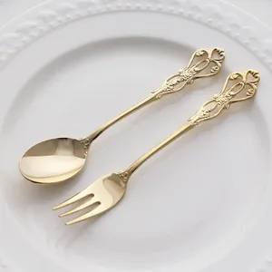 Spoons 1 Pair Vintage Gold Spoon Fork Cutlery Set Stainless Steel Luxury Dessert Fruit Kitchen Tool