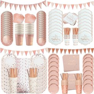 Rose Gold Party Supplies Disposable Polka Dots Paper Plate Cup Straw Banner Tableware Bridal Shower Wedding Birthday Decor 240506