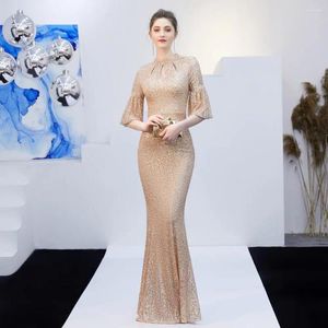 Party Dresses Corzzet Elegant Gold Sequin Hollow Out Satern Half Sleeve Mermaid Dress Vintage Summer Evening Formal Women Vestidos