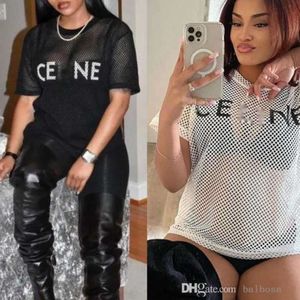 Marca de luxo feminino camisetas malha hole designer letra de tecido impresso Topo de manga curta preta e branca de preto e branco