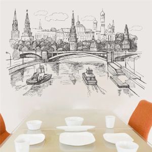 Klistermärken Moskva River Kreml Wall Stickers för Office Shop Home Decoration Berömd stadslandskap Sketch Style Mural Art DIY PVC DECALS