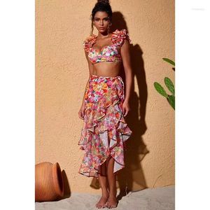 Women's Swimwear 2024 Woman Bikini Set 2 Pieces Floral Print Swimsuit And Skirt Women Beachwear Bathing Suit