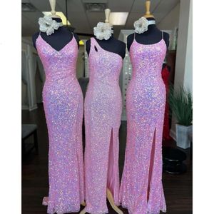 Sequins Dresses Pink Spaghetti Bridesmaid Straps Floor Length Sleeveless One Shoulder Side Slit Ruched Custom Made Plus Size Maid Of Honor Gowns