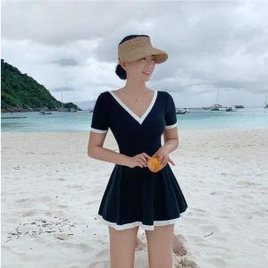 Костюма для женщин короткие рукава одно купальники с юбкой Сплошная черная купальника глубоко v Monokini Open Back Trikini Corea Bating Pad
