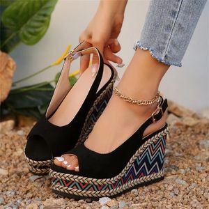 Summer Platform Peep Toe Sandal Fashion Wedges High Heel Ankle Buckles Female Shoes Mixed Colors Braid Soled Pumps 240425