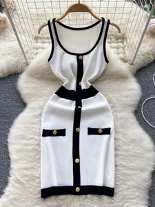 Casual Dresses Korean Fashion Women Dress Elegant Color Match Knit BodyCon Mini O-Neck ärmlös Skinny Club Party Tank