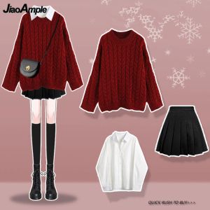 Футболка женская осенняя зима Lucky Red Sweater Рубашка с плиссированными мини-юбками 1 или 3 шт.