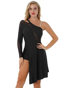 Stage Wear Adult Sheer Mesh Splice One Shoulder Split Asymmetrical Hem Gymnastics Leotard Figure Skating Ballet Dress Performance Dancewear