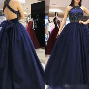 Vestidos da Marinha mais novos Blue Prom Halter Halter Manguarda lantejoulas Comprimento do piso FORMA FORMA OCN Vestido de festa noturna plus size