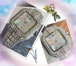 Iced Out Square Roman Tank Dial Watch Hip Hop Solid Fine rostfritt stål Mens Kalender Kvarts rörelse Klocka Business Diamonds Ring Time STOR STORLE RACING WACKES GENTER