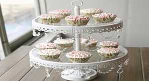 Szklany stojak na ciasto 2 -poziomowy biały żelazne kanik na wyświetlacz stolik na przyjęcie weselne Dekoracja Dostawca pieczenia ciasta narzędzia 5124435