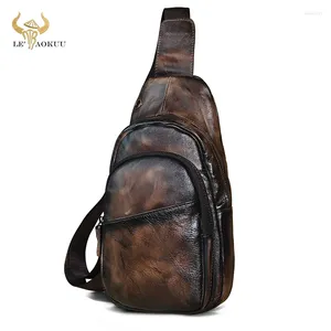 Waist Bags Natural Leather Men Casual Retro Coffee Travel Triangle Chest Sling Bag Design 8" Tablet One Shoulder Strap Daypack Male 008
