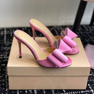 Top quality pink Bow silk Mach Mach stiletto High heels Slippers Bowtie Rhinestone sandals Kitten heels mules Luxury designer heels evening party shoes Factory