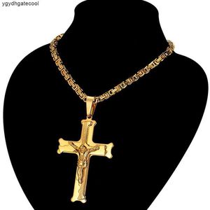 イエローゴールドビッグイエスクロスペンダントロングチェーンメンズゴールドカラー十字架ネックレス男性宗教宝石