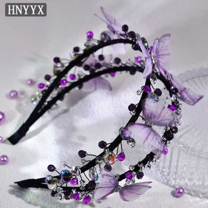 Headbands HNYYX Purple Diamond Wide Hair Double Rowed Crystal Headpiece with Butterfly Wedding Bride Hair Accessories A160 Q240506