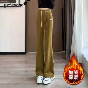 여성용 바지 CAPRIS 가을 겨울 빈티지 패션 체스 판 하이 허리 슬림 한 wear 스트레이트 플레어 바지 캐주얼 한 고체 벨벳 두꺼운 따뜻한 바지 Y240504