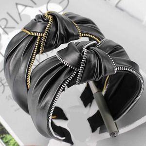 Headbands Haimeikang Fashion Black Leather Zipper Headband Womens Knot Headband Hair Accessories Knot Headband Bag Q240506