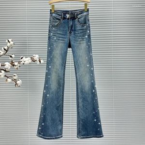 Women's Jeans European Style Flared Blue Trousers 2024 Spring And Summer Clothing High Waist Slim Fit Ins Drilling