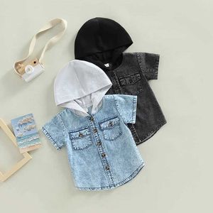 T-shirts Fashion Boys Boys Denim Shirt Short Short Wooded Button Closure T-Shirt Summer Baby Toddler Boys Tops with Pocketsl2405