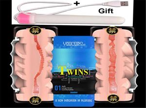 YouCups Dual Channel Männliche Masturbation Cup Silicon Realistische Vagina Erwachsene Sexspielzeug für Männer Penis gefälschter Muschi Masturbator für Mann Y18740536