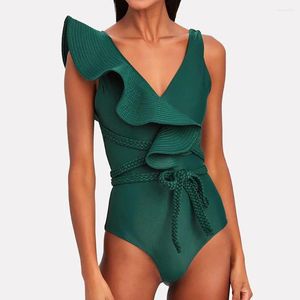 Women's Swimwear Women One Piece Swimsuits Deep-v Beach Wear Shoulder Solid Ruffled Plus Size Bathing Suit Summer Micro Bikini