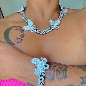 Iced out bling cz Miami cuban link chain Butterfly charm choker necklace Luxury Bling Bling Hip Hop Jewelry For Men Women Gift 0927 320S