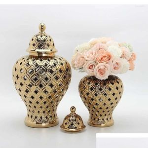 Vaser Golden Hollow General Jar Modern Dried Flower Vase Ceramic Ginger Storage Home Decoration Arrangement Accessories Drop Delivery Dhwng