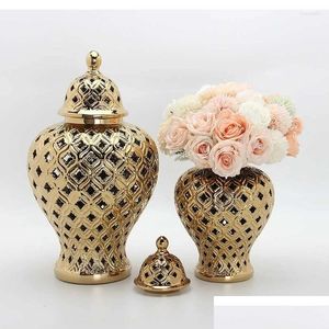 Vasos Golden Hollow General Jar General Moderno Vaso de Flor Divida Cerâmica Gengibe Armazenamento Decoração de decoração Acessórios para decoração Droga Droga DHWNG