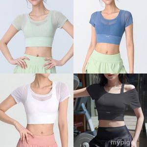 Mesh Yoga-Anzug für Frauen mit Brustpolstern sexy und schlanker Fitness-Top Elastizität und eng sitzende schnelle trocknende Sportarten kurzärmeliges T-Shirt