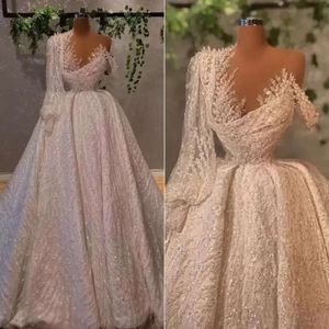 Train Appliqued Bridal Gown Wedding Dresses Sweep Long Sleeves One Shoulder Pearls Beaded Csrystals Custom Made Vestidos De Novia